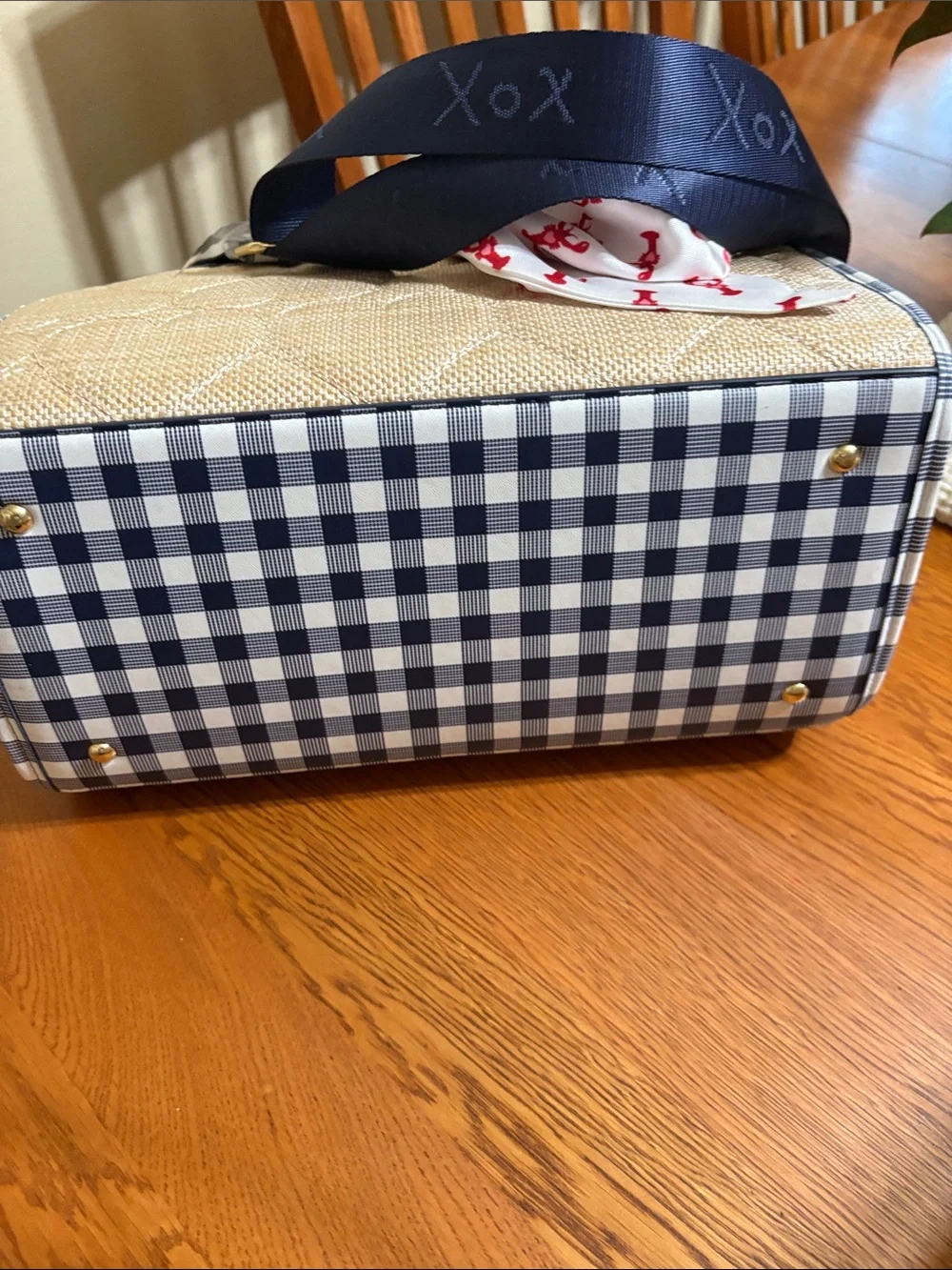 Betsey Johnson Navy & Natural Gingham-Accent Tote Bag with Scarf- NWT